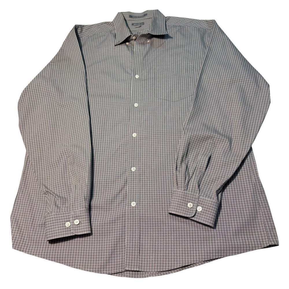 Eddie Bauer Mens Large Gray Grid Wrinkle Free Relaxed Fit Cotton Button Down